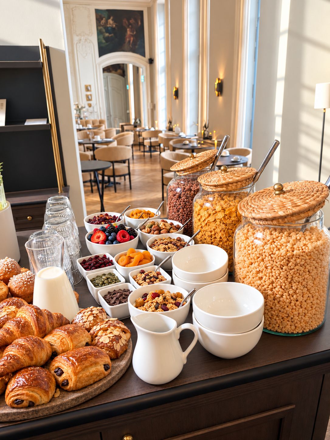 Un buffet de petit-déjeuner proposant une variété d’aliments et un coin café.