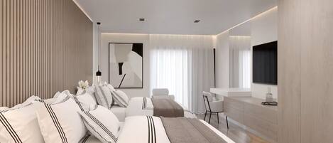 Una habitación de hotel moderna con una cama grande, un escritorio y un televisor.