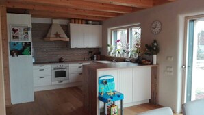 A modern kitchen with white cabinets, a wooden ceiling, and a large window. - Eco clay & straw villa with mountain scenery (Žiar)
