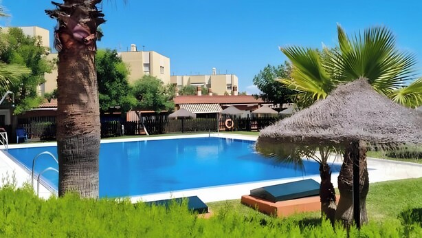 Une piscine entourée de verdure, de palmiers et d’un bâtiment en arrière-plan.