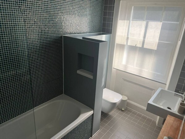 Shower, towels, soap, toilet paper