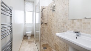 A bathroom with a glass shower enclosure, a white sink, and a toilet.