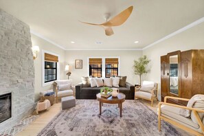 Smart TV, fireplace, video games, offices