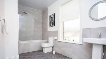 Shower, hair dryer, shampoo