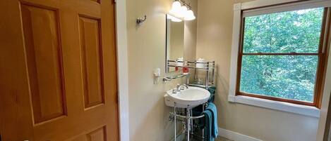A bathroom with a wooden door, a white sink, a mirror, and a window with a view of trees.