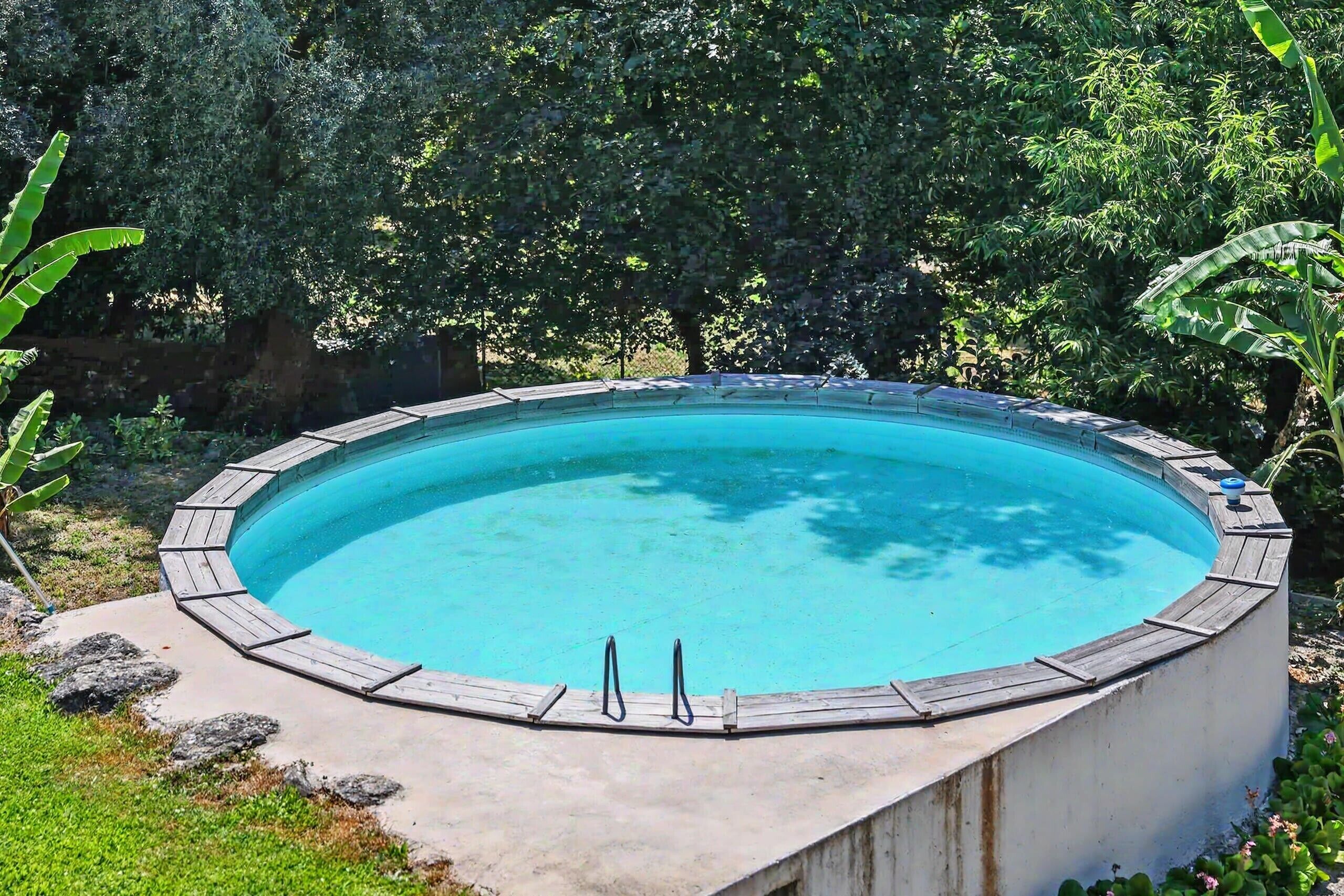 Una piscina circolare con bordo in legno, immersa nel verde.