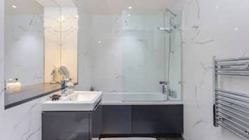 Hair dryer, towels, soap, toilet paper