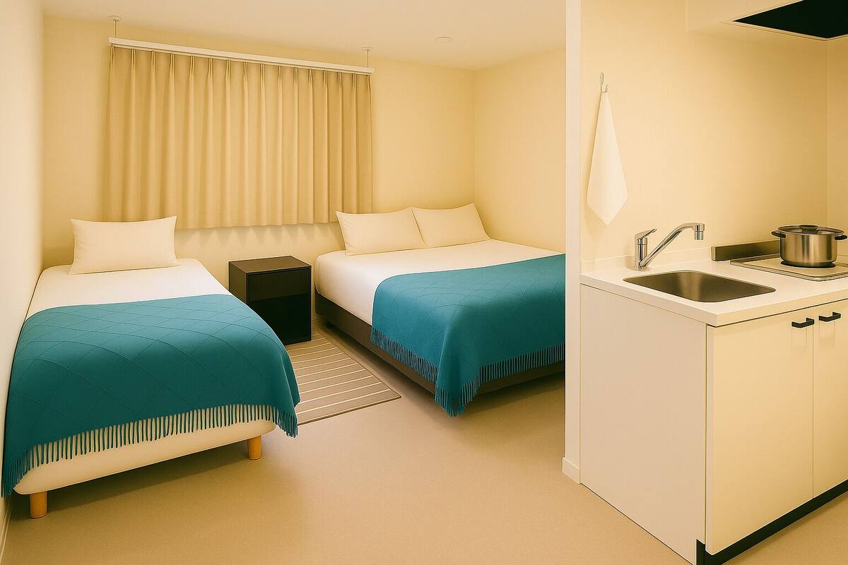 A hotel room with two beds, a small bedside table, a kitchenette with a sink and stove, and a window with curtains.