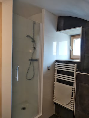 Shower, free toiletries, hair dryer, towels
