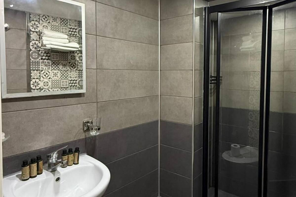Habitación triple estándar | Baño | Ducha, artículos de higiene personal gratuitos y secador de pelo