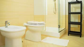 Shower, hair dryer, bidet, towels