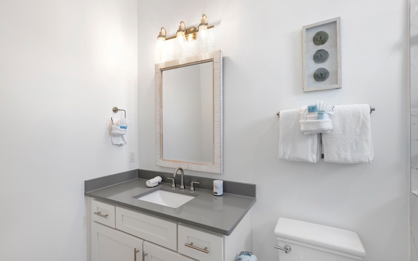A bathroom with a vanity, sink, mirror, towel rack, and toilet.