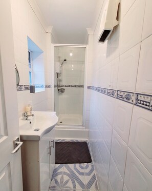 Shower, hair dryer, soap, toilet paper