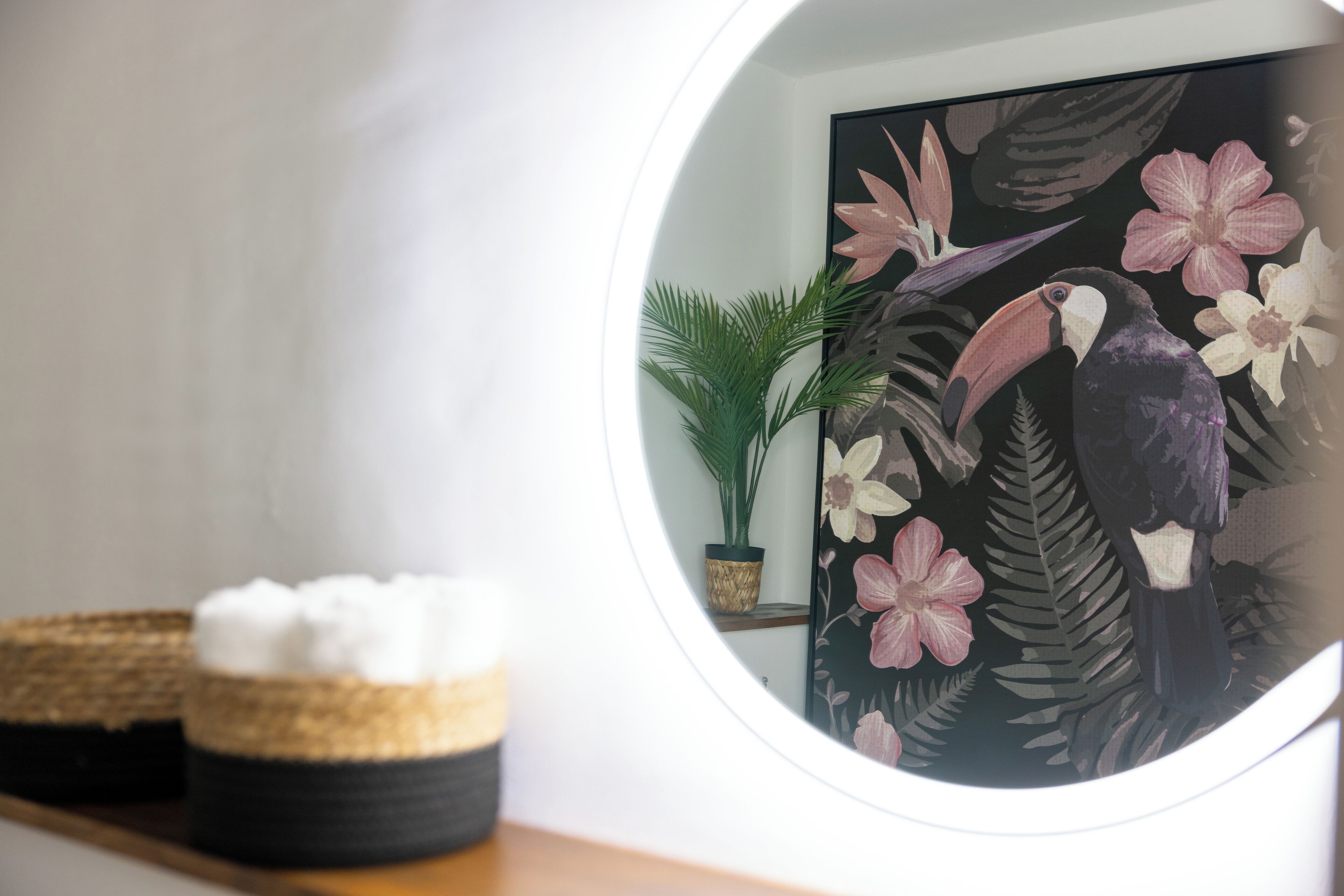 A round mirror reflecting a painting of a toucan and flowers, a potted plant, and a basket with white items on a shelf.