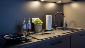 Une cuisine moderne dotée d’une cuisinière intégrée, d’un évier avec un robinet et d’un plan de travail agrémenté d’une plante et de deux bouteilles.