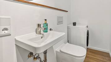 A bathroom with a white sink, a toilet, and a radiator.