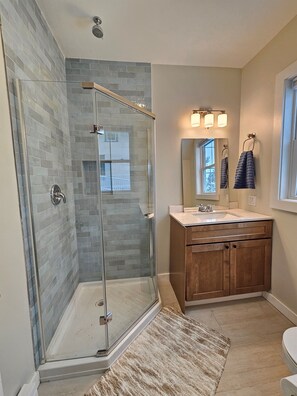 Shower, hair dryer, towels, toilet paper