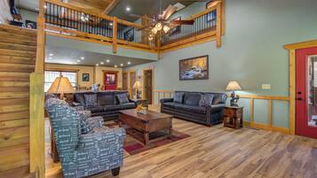 House, Multiple Beds, Hot Tub, Garden View (Running Bear) | Living area | 55-inch flat-screen TV with digital channels, fireplace