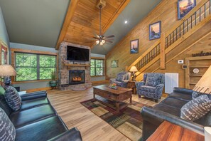 House, Multiple Beds, Hot Tub, Garden View (Running Bear) | Living area | 55-inch flat-screen TV with digital channels, fireplace