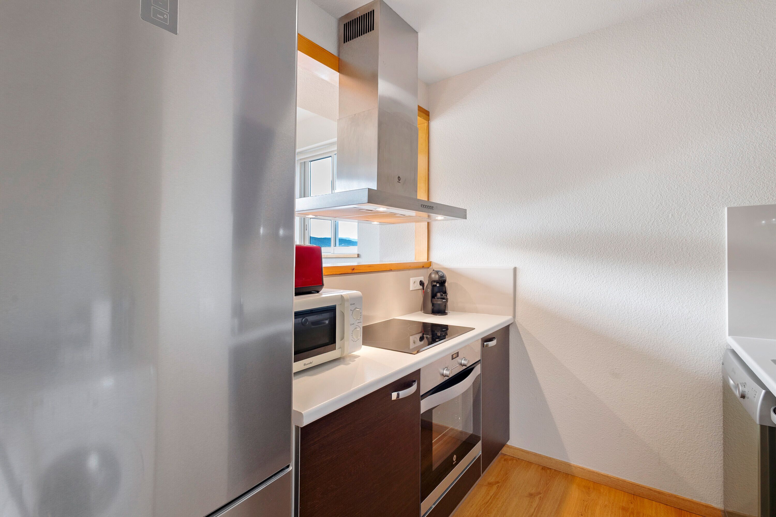 Frigorífico, microondas, horno y placa de cocina