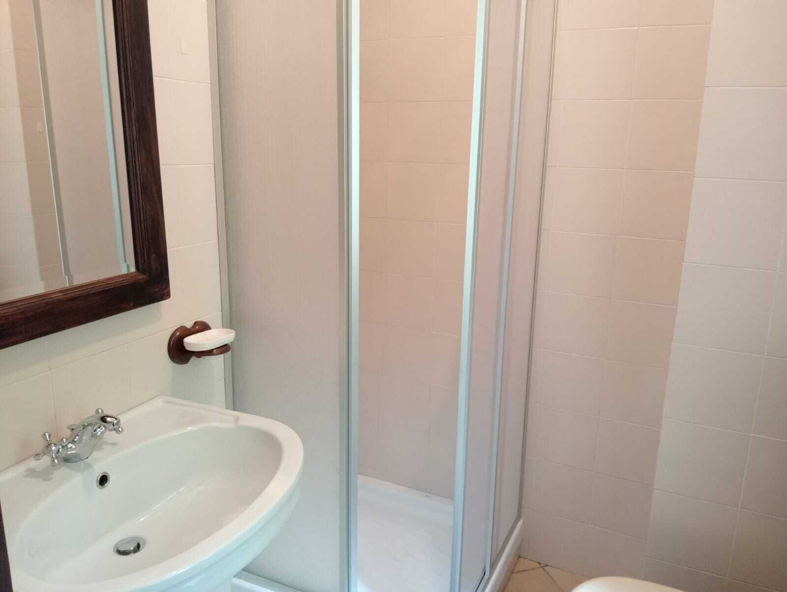 A bathroom with a white sink, a mirror, and a glass-enclosed shower stall.