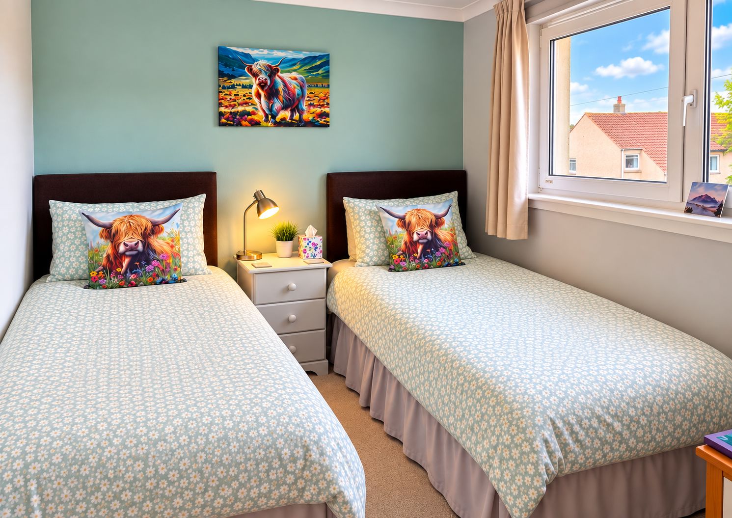Un dormitorio con dos camas, una mesita de noche, una lámpara y un cuadro en la pared.