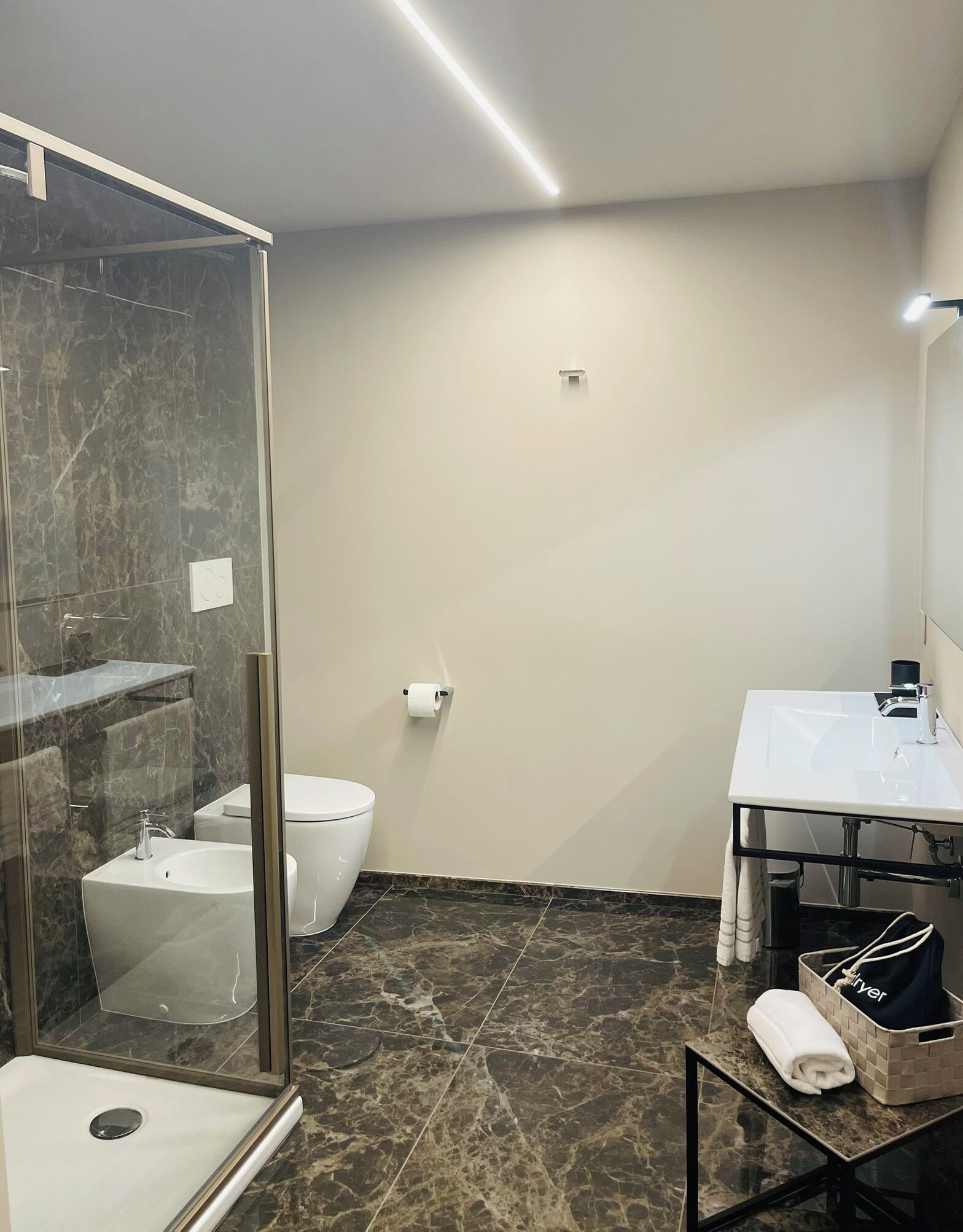 A modern bathroom with a glass shower enclosure, a white sink, and a toilet.