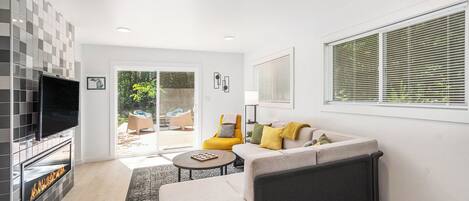 Smart TV, fireplace, books