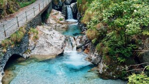 Een stenen brug over een heldere beek met een waterval, omringd door weelderige begroeiing.