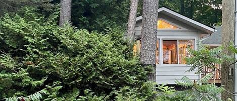 A house surrounded by dense greenery, with a wooden deck leading to the entrance.