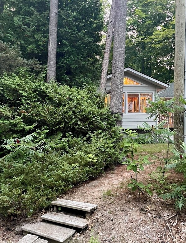 A house surrounded by dense greenery, with a wooden deck leading to the entrance. - The Beau at Belle-eau-Claire beach (Tiny)