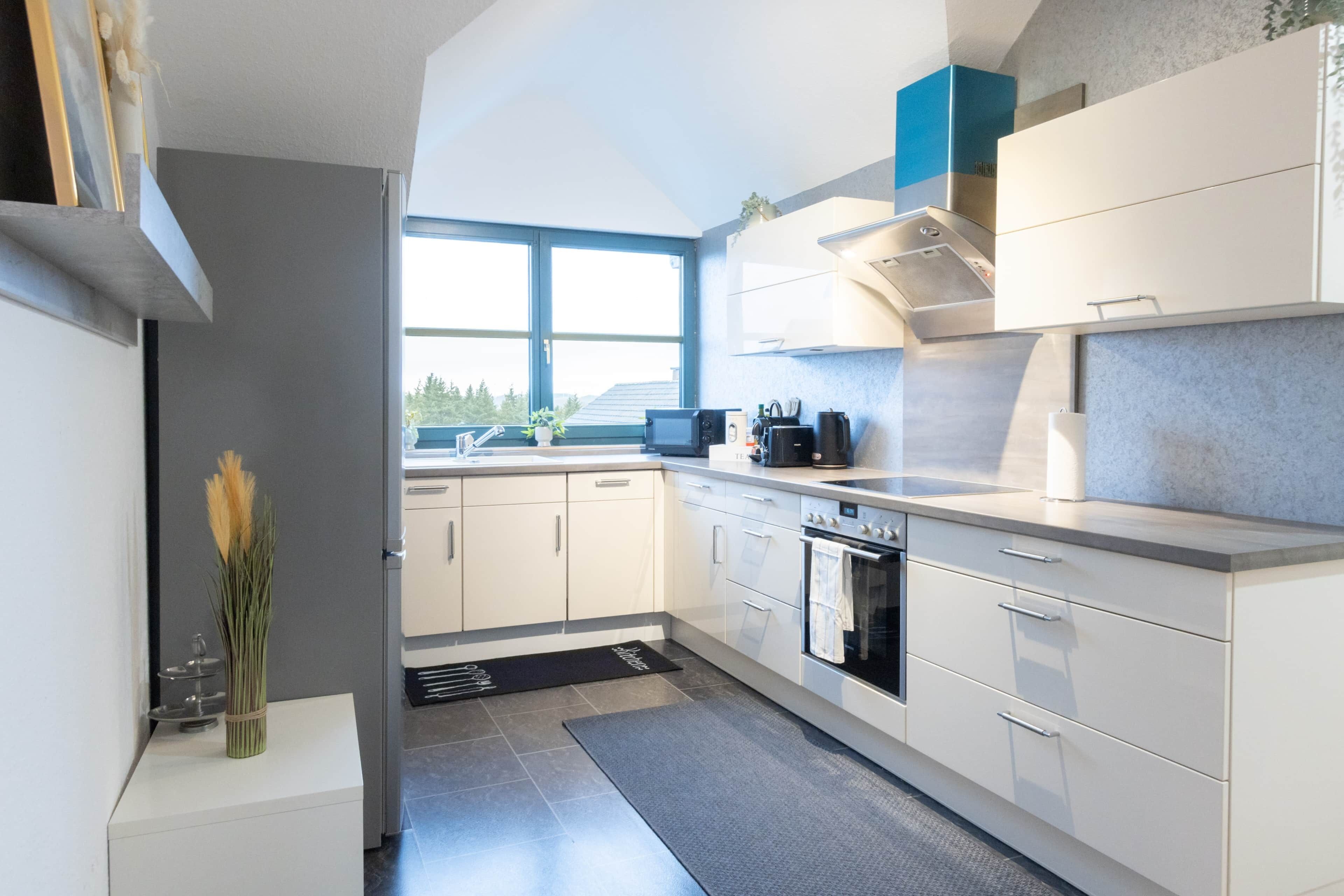 Geladeira, fogão, cooktop, talheres/pratos/utensílios de cozinha