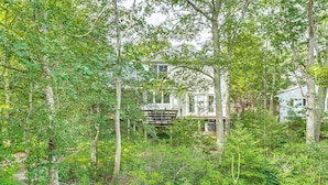 Une maison entourée d’une forêt dense.