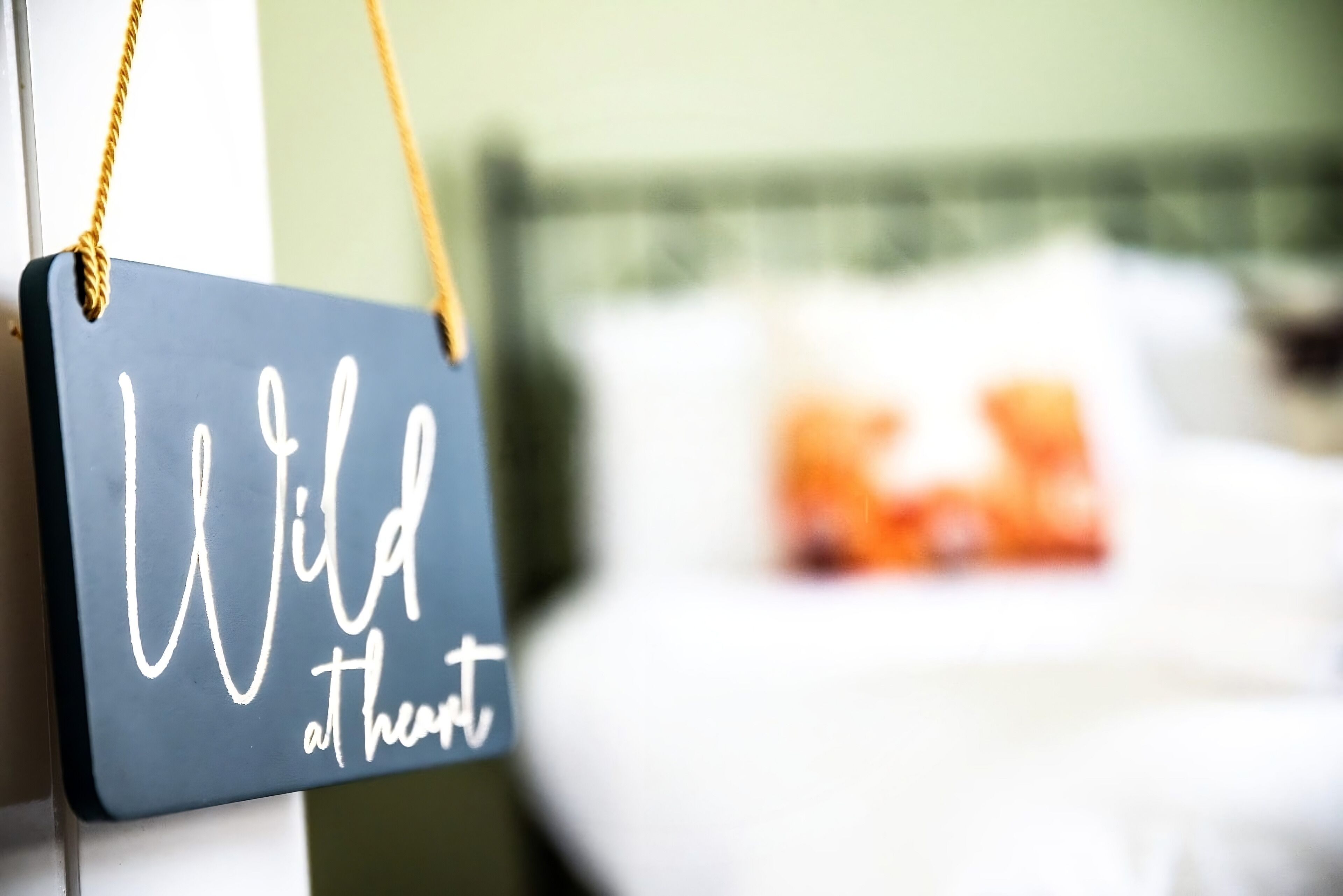 A sign with the text "Wild at heart" hanging on a door.