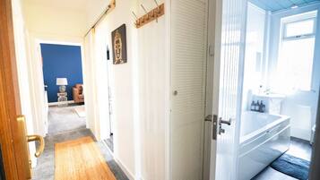 Hair dryer, towels, soap, toilet paper