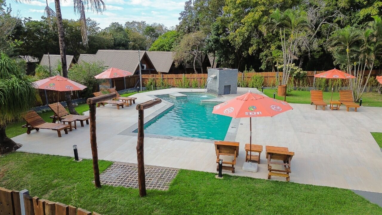 A swimming pool with lounge chairs and umbrellas, surrounded by a wooden fence and greenery.