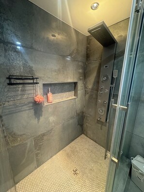 Shower, jetted tub, hair dryer, towels