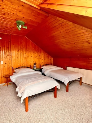 A room with two beds, wooden walls, a sloped ceiling, and a radiator. - Apartment 'Daniela Fellen - Magda' with Mountain View, Shared Terrace and Wi-Fi (Fellen)