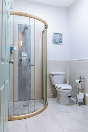 Douche, sèche-cheveux, serviettes fournies, savon