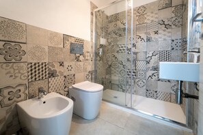 Shower, hair dryer, bidet, towels