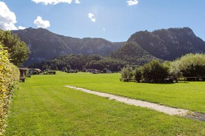 Een landelijk landschap met een heldere lucht, een grasveld en bergen op de achtergrond.