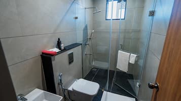 Ducha, toallas, jabón y champú