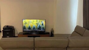 Ein modernes Wohnzimmer mit einem Flachbildfernseher auf einem Holzboden, einem beigefarbenen Sofa und einer Deckenleuchte.