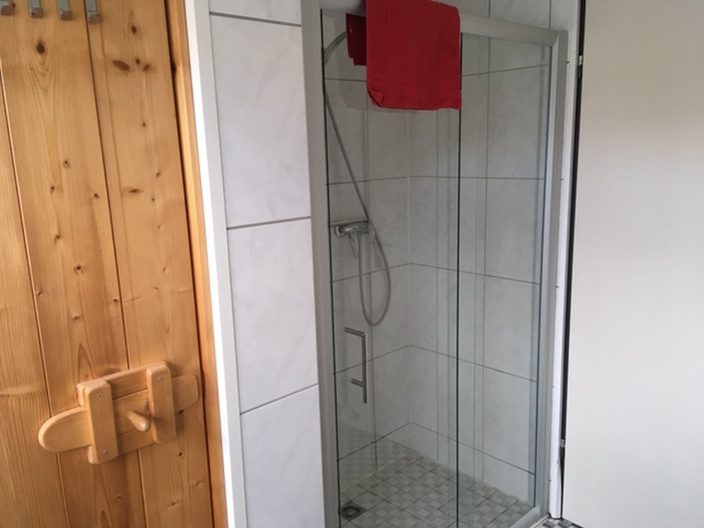 Shower, hair dryer, towels