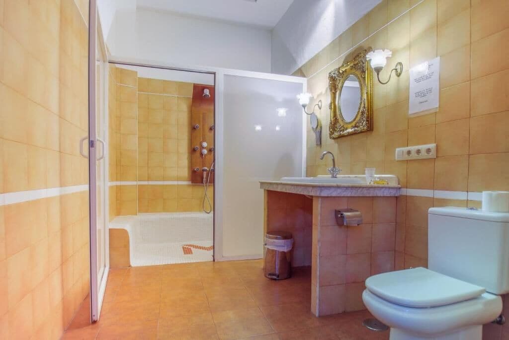 Ein Badezimmer mit Dusche, Toilette, Waschbecken und Spiegel.