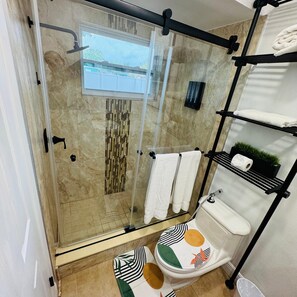 Douche, sèche-cheveux, serviettes fournies, papier toilette
