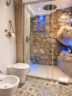 Shower, free toiletries, hair dryer, bidet