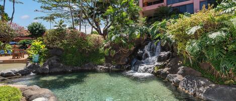 Une piscine aux eaux cristallines, avec une cascade, entourée de plantes tropicales et, au fond, un bâtiment rose.