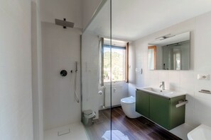 Shower, hair dryer, bidet, towels