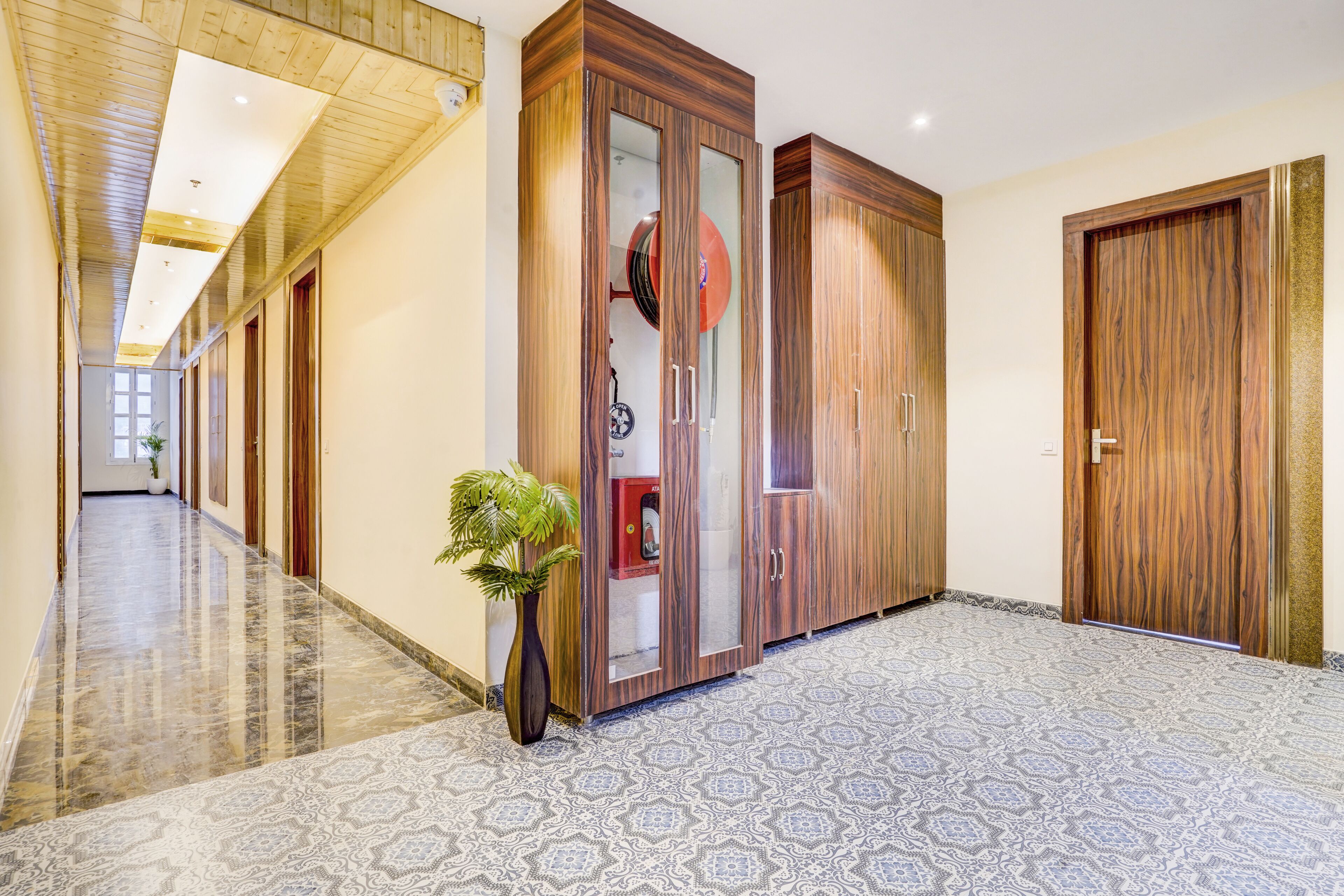 A hallway with a patterned floor, wooden cabinets, and a potted plant.